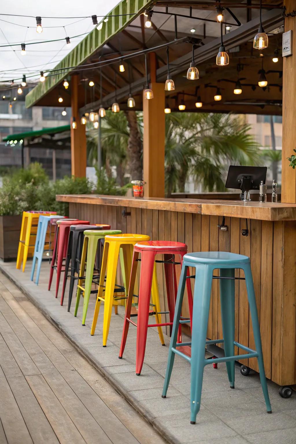 Mix and match bar stools to add character and charm to your outdoor bar.