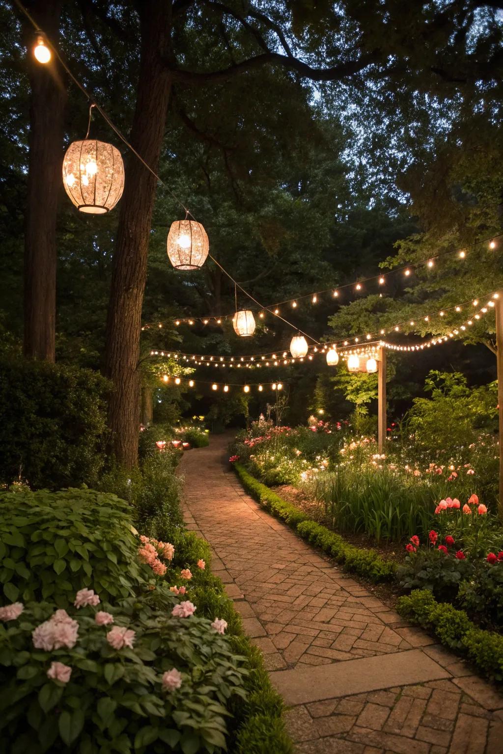 Soft lighting adds a magical glow to the garden at night.