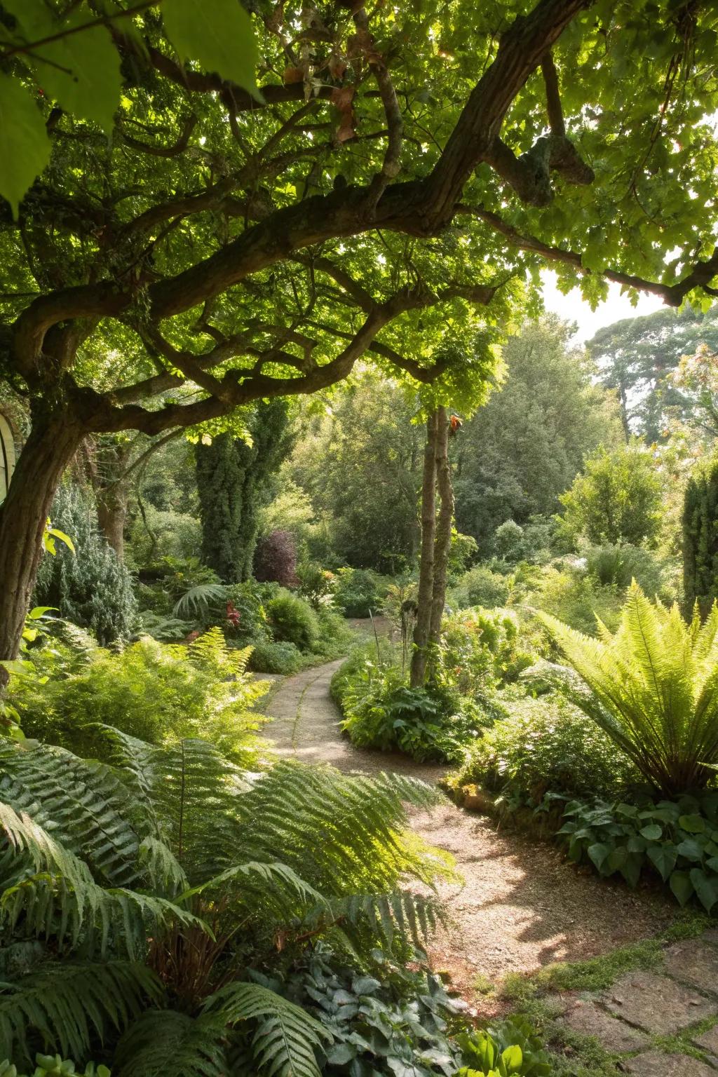 Dense greenery creates a secluded and intimate garden space.