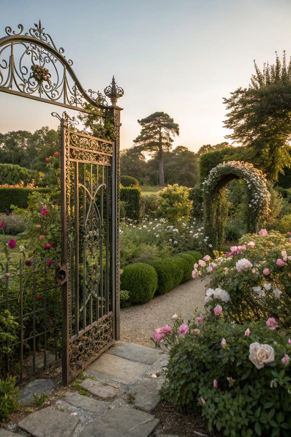 Vintage metalwork adds a timeless elegance to the garden.