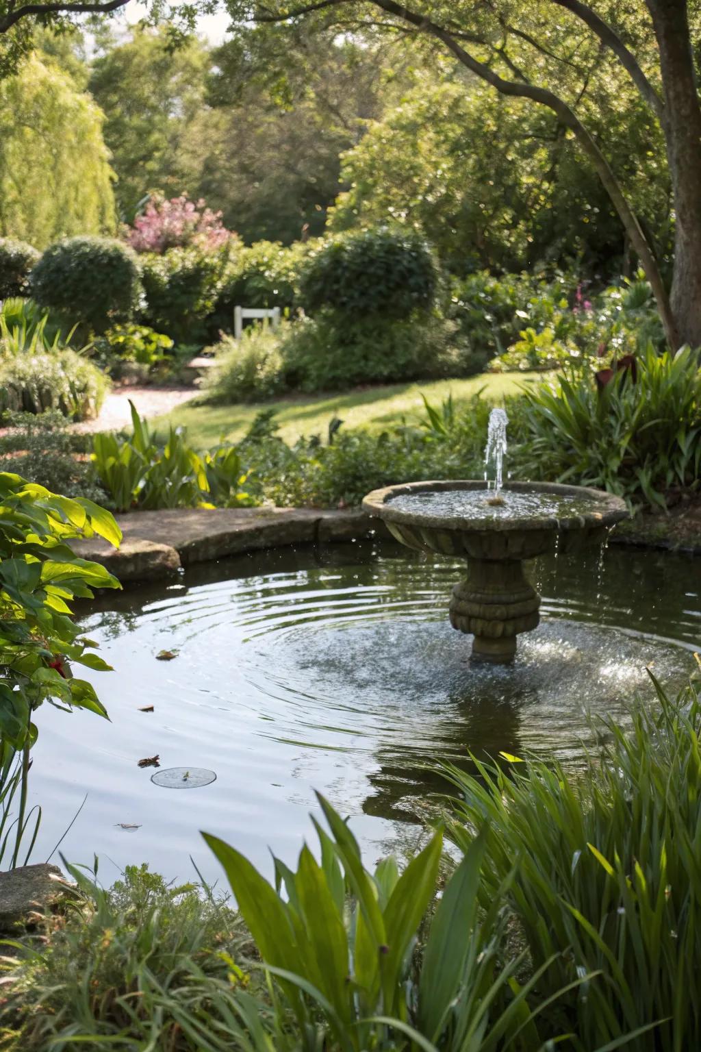 A tranquil water feature enhances the peacefulness of the garden.