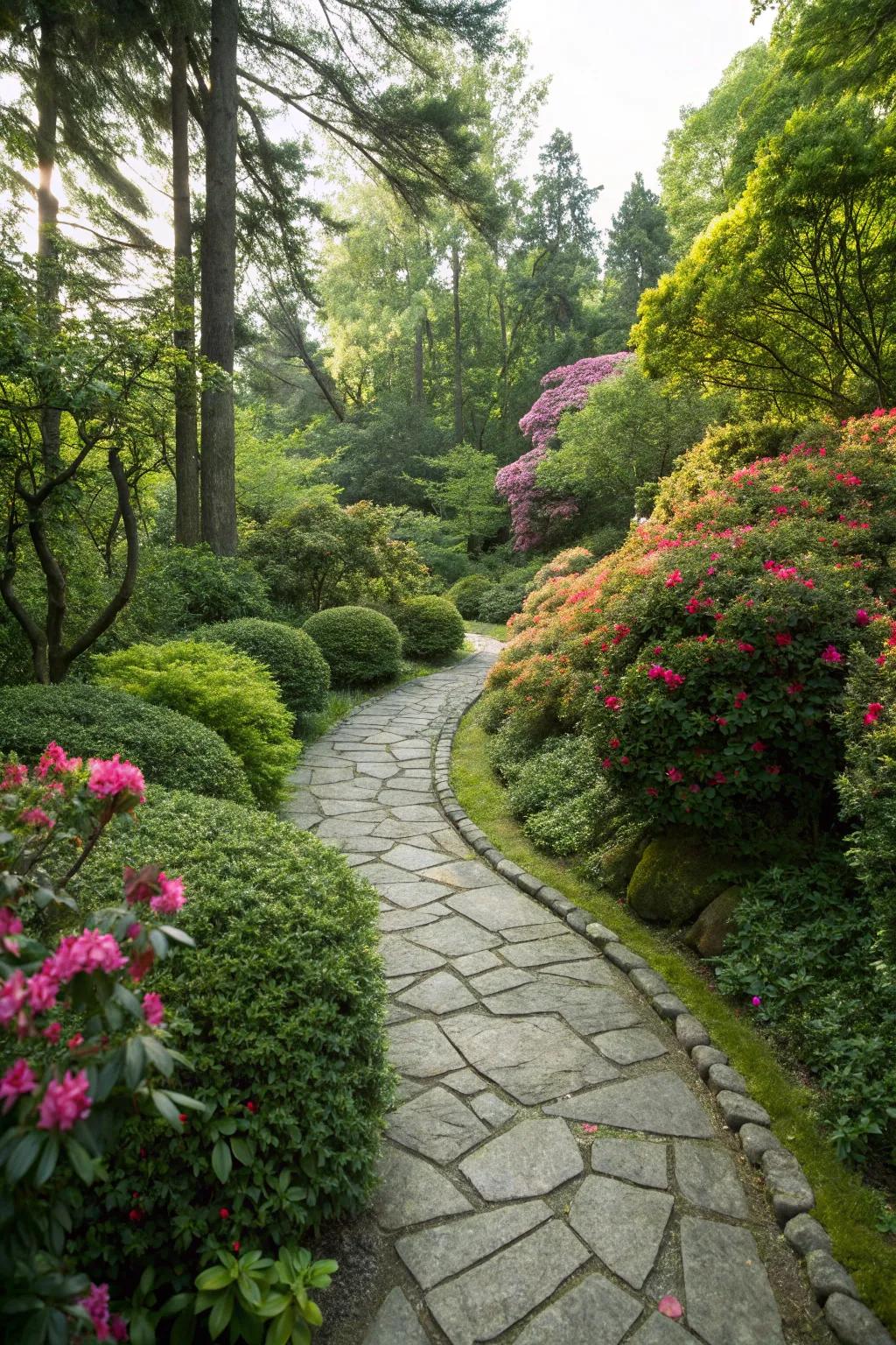 A winding stone pathway invites exploration and romance.