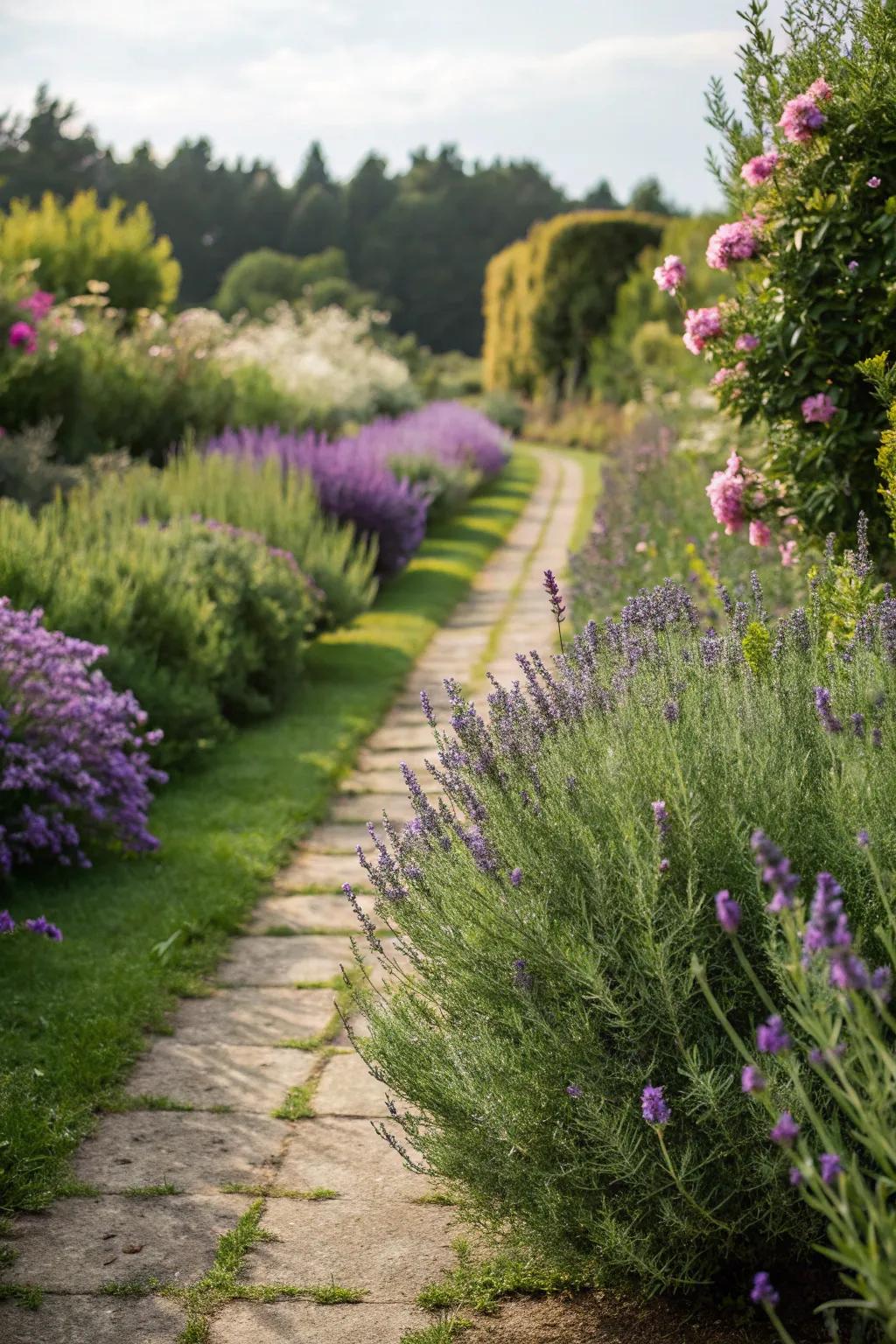Herb-lined paths release fragrance with every step.