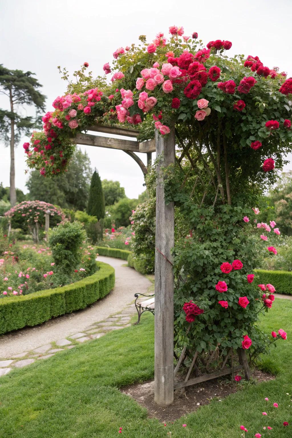 A floral arbor creates a fairytale entrance to the garden.