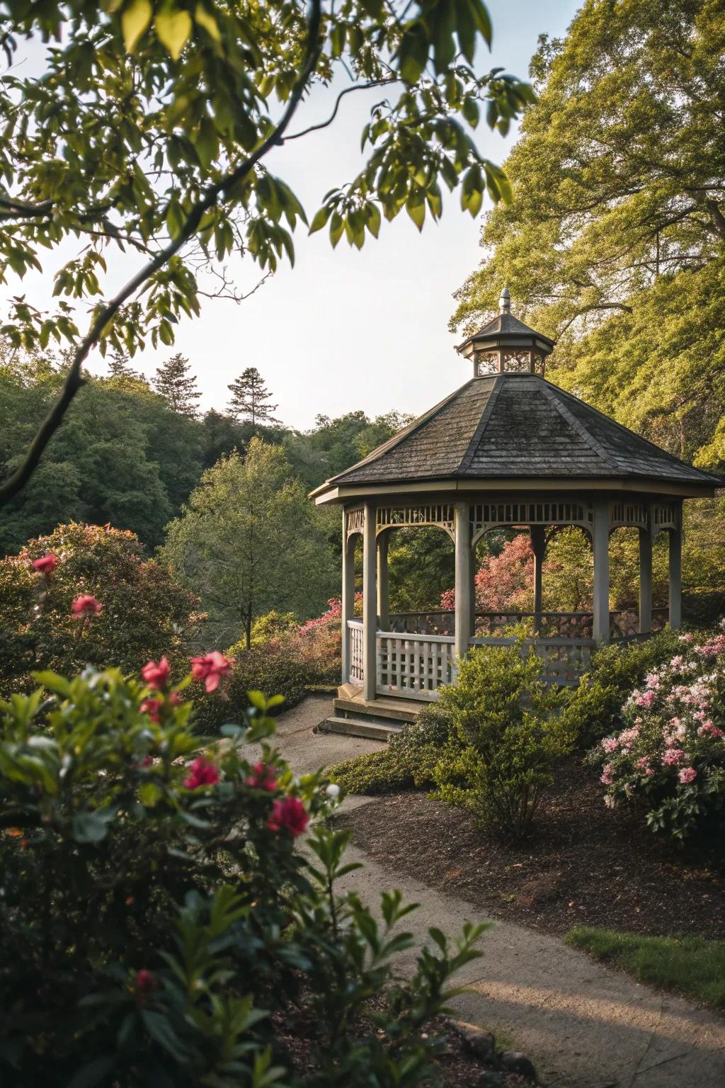 A hidden gazebo offers a private retreat in the garden.