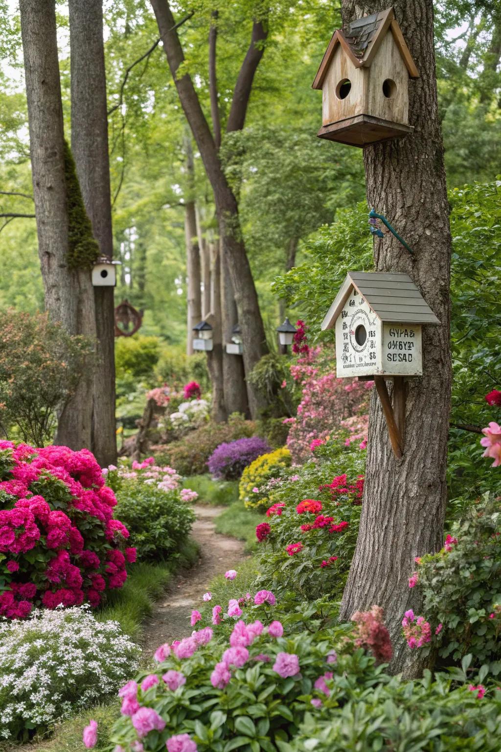Charming birdhouses invite feathered visitors to the garden.