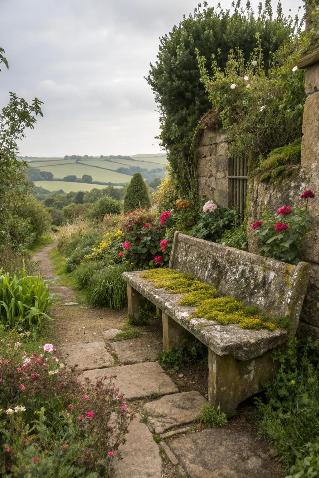A rustic stone bench offers a peaceful place for reflection.