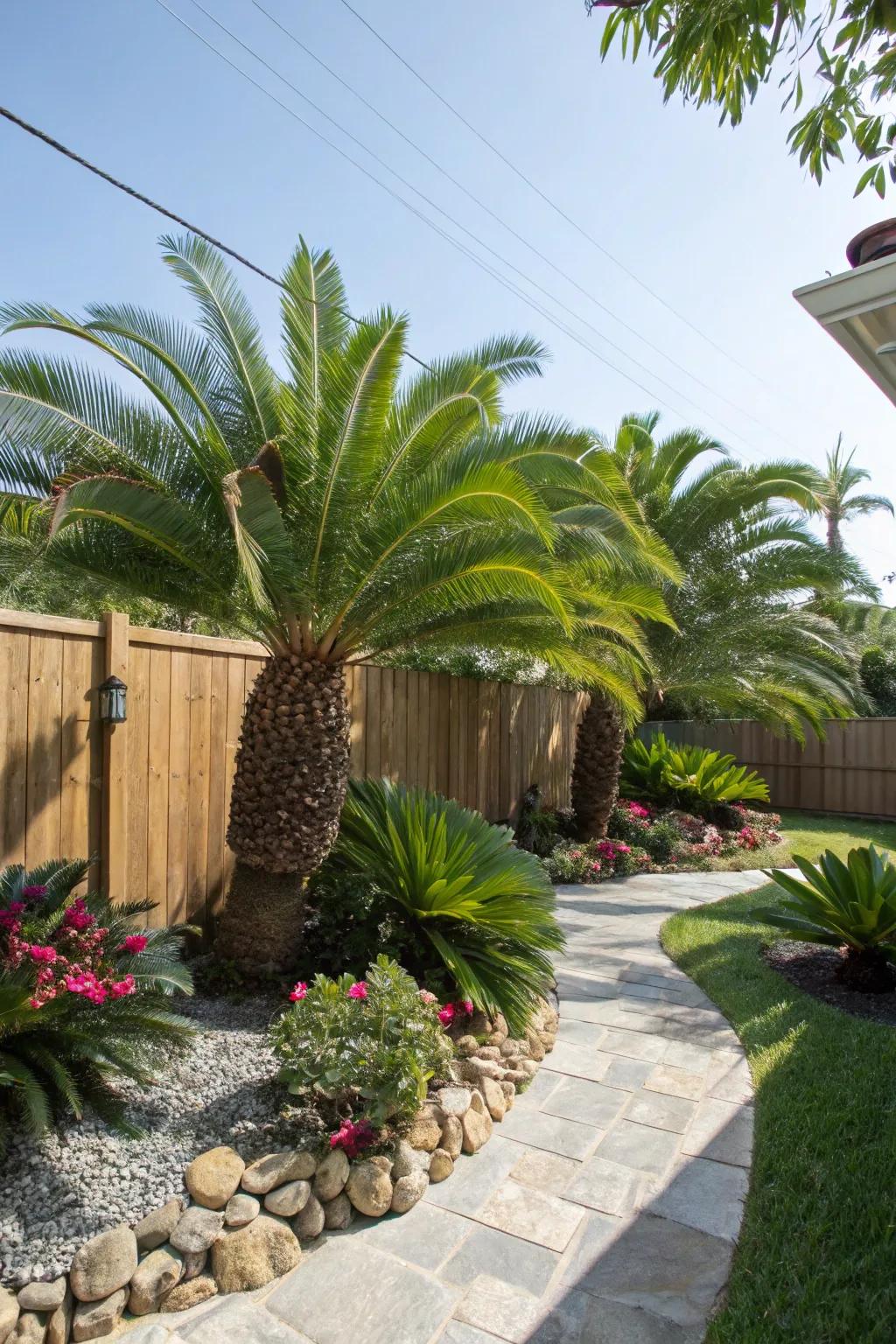 Create a backyard escape with a sago palm tropical oasis.