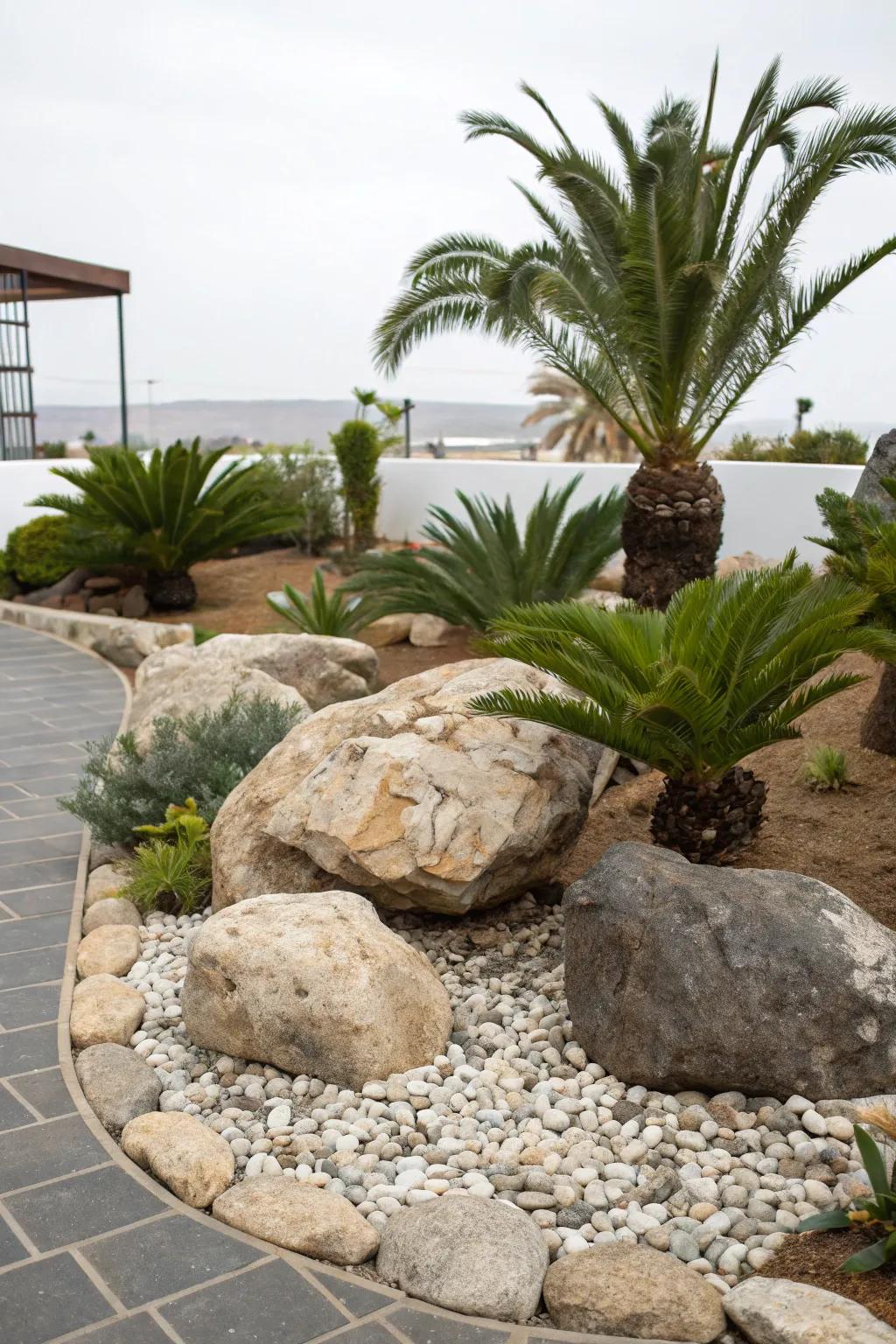 Sago palms thrive in rock garden settings.
