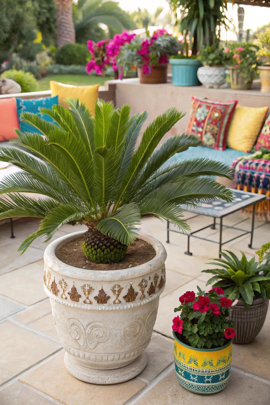 Sago palms in containers offer flexibility for your garden design.