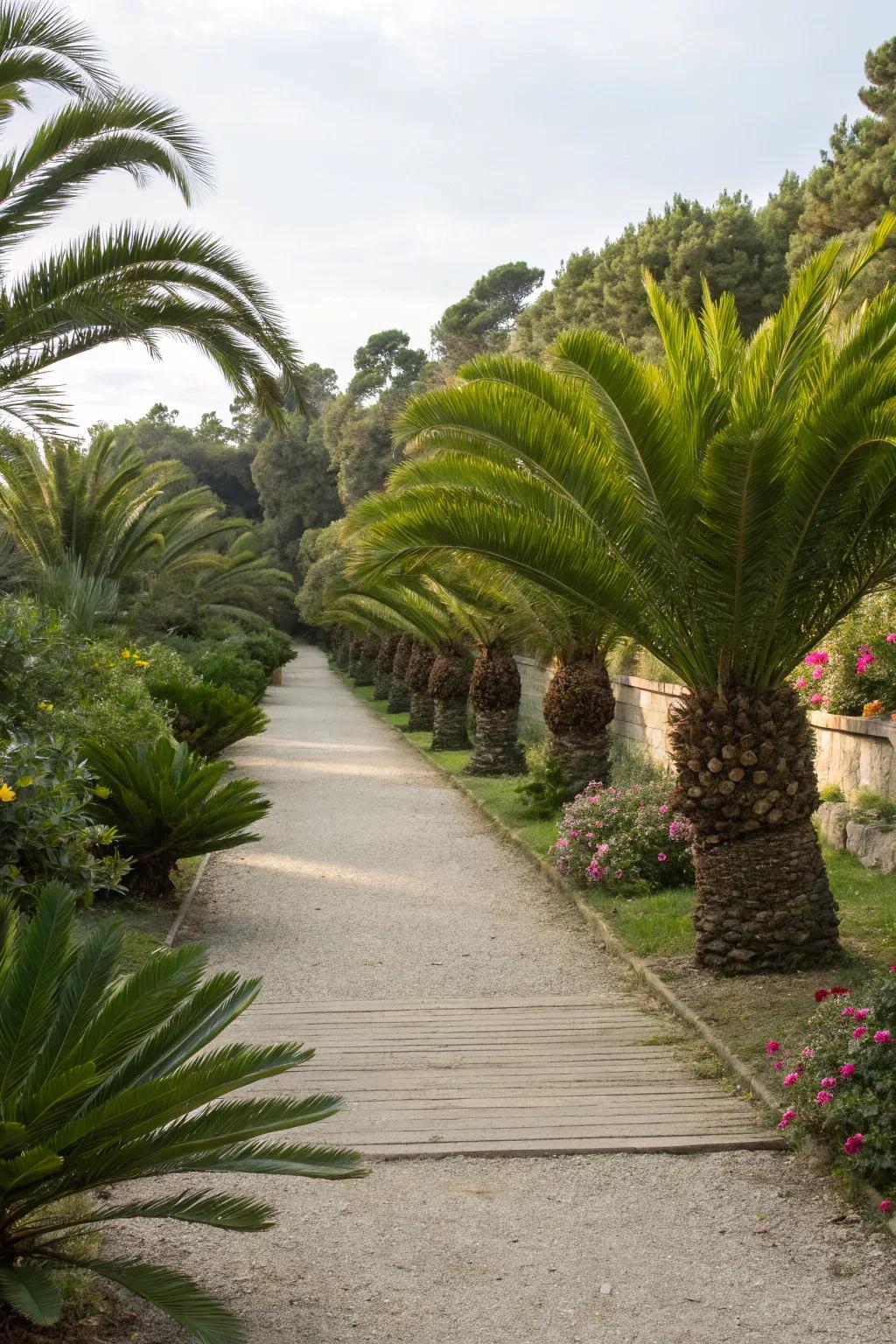 Symmetry with sago palms creates inviting pathways.