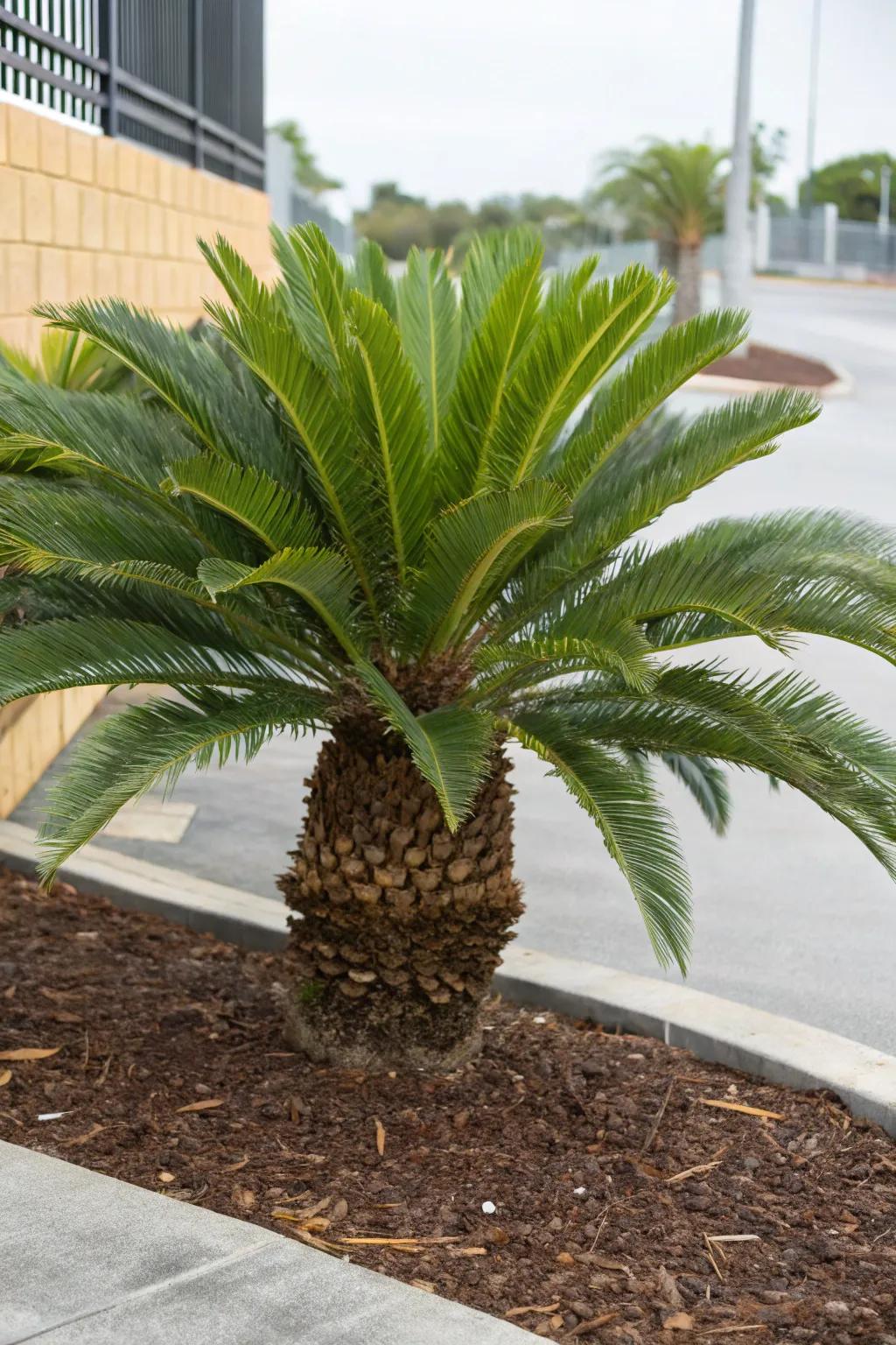 Mulching around sago palms enhances their appearance and health.