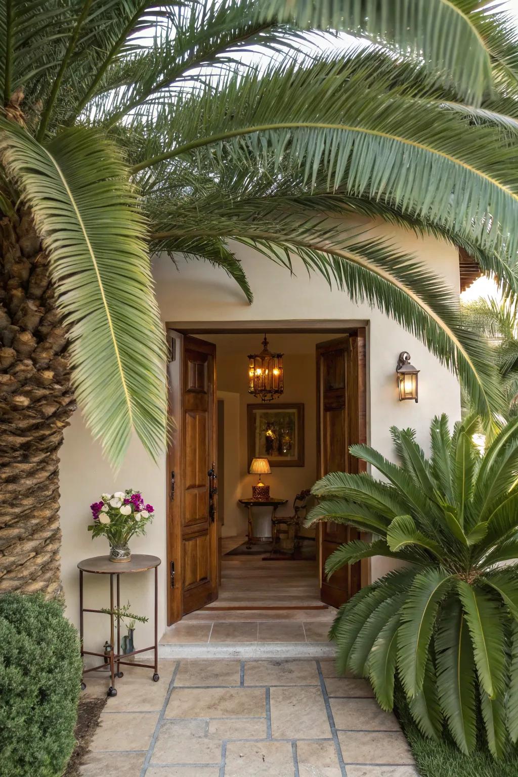 Sago palms create a dramatic entryway.