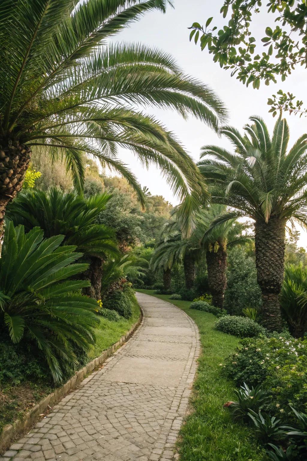 Sago palms create a natural border along garden paths.