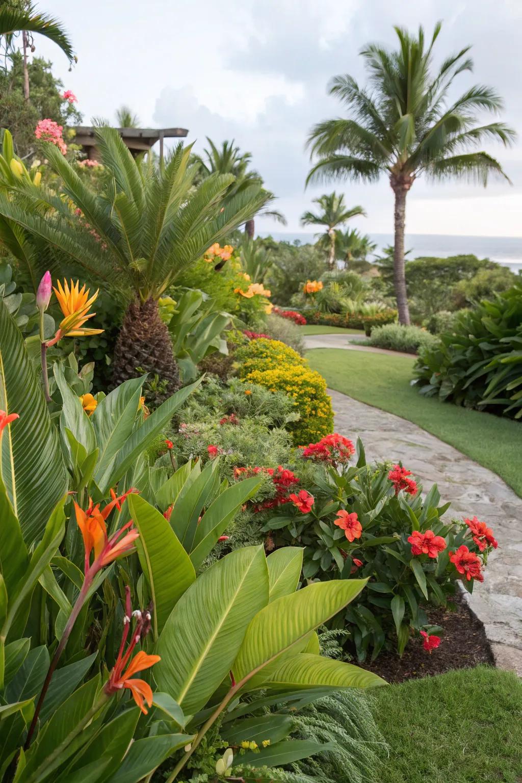 Create a vibrant mixed landscape with sago palms.