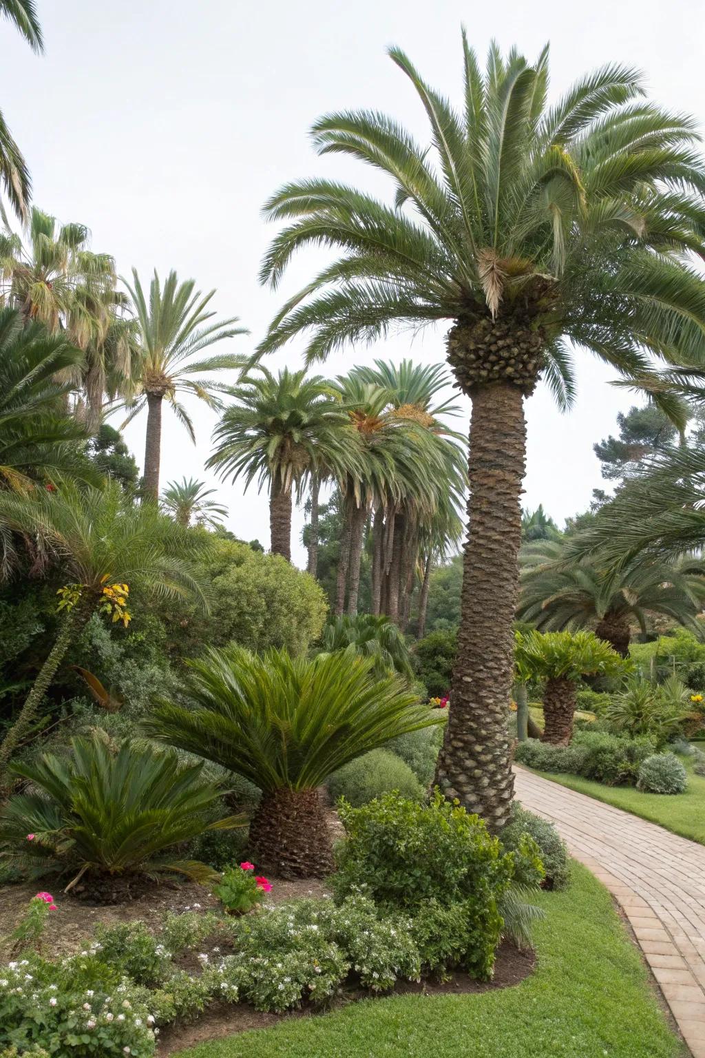 Layered heights with sago palms for a dynamic landscape.
