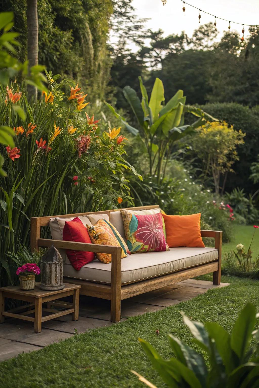 Rustic charm with a sturdy wooden outdoor sofa.