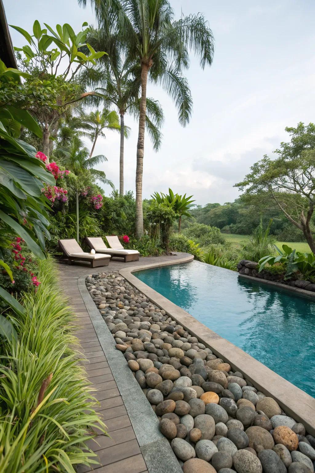 Create a serene ambiance with smooth river rocks around your pool.