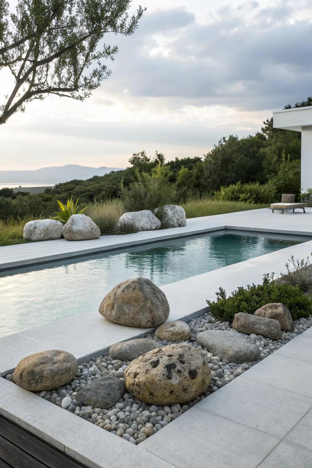 Embrace modern elegance with minimalist rock landscaping.