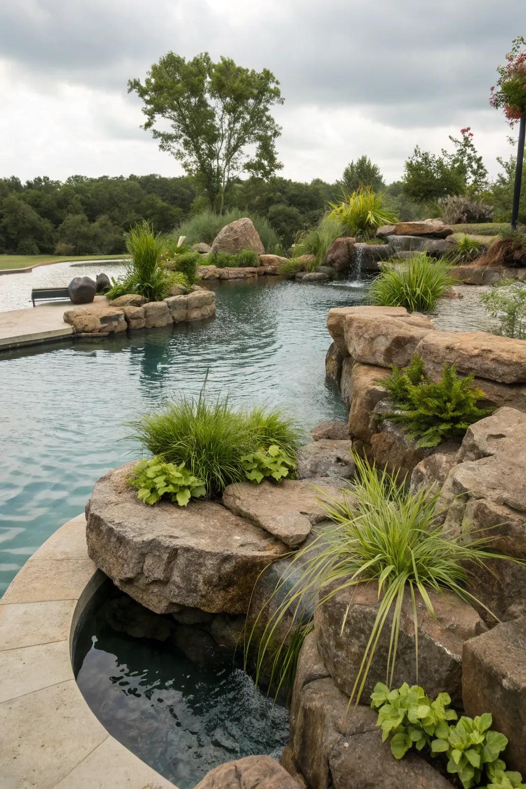 Dive into creativity with rocky plant islands in your pool.