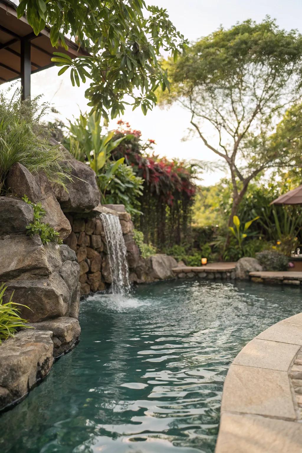 Enhance your pool area with the calming sound of a rocky waterfall.