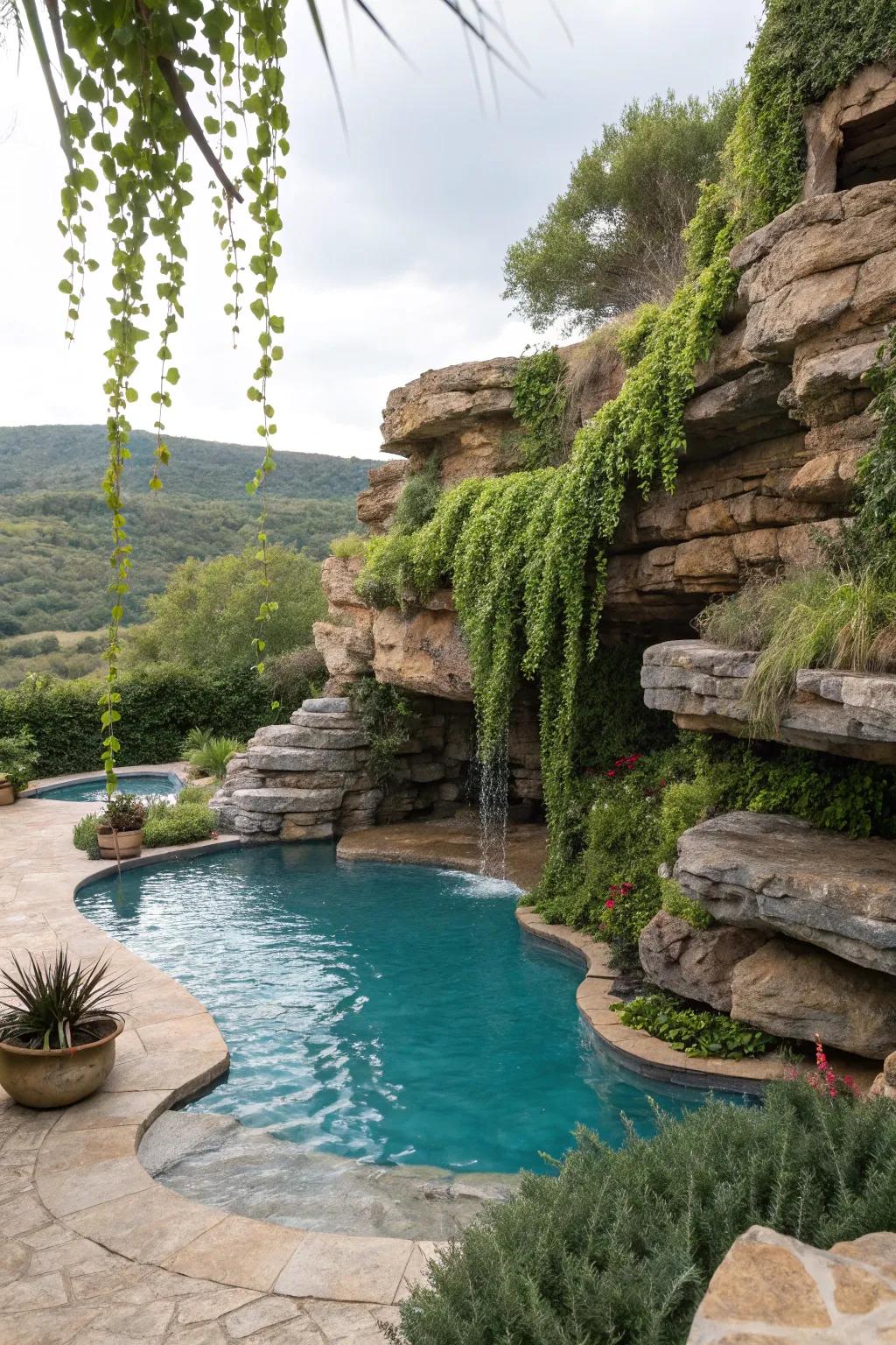 Add visual interest with layered rock walls.