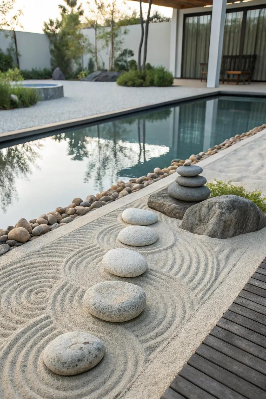 Find peace by the pool with a Zen rock garden.