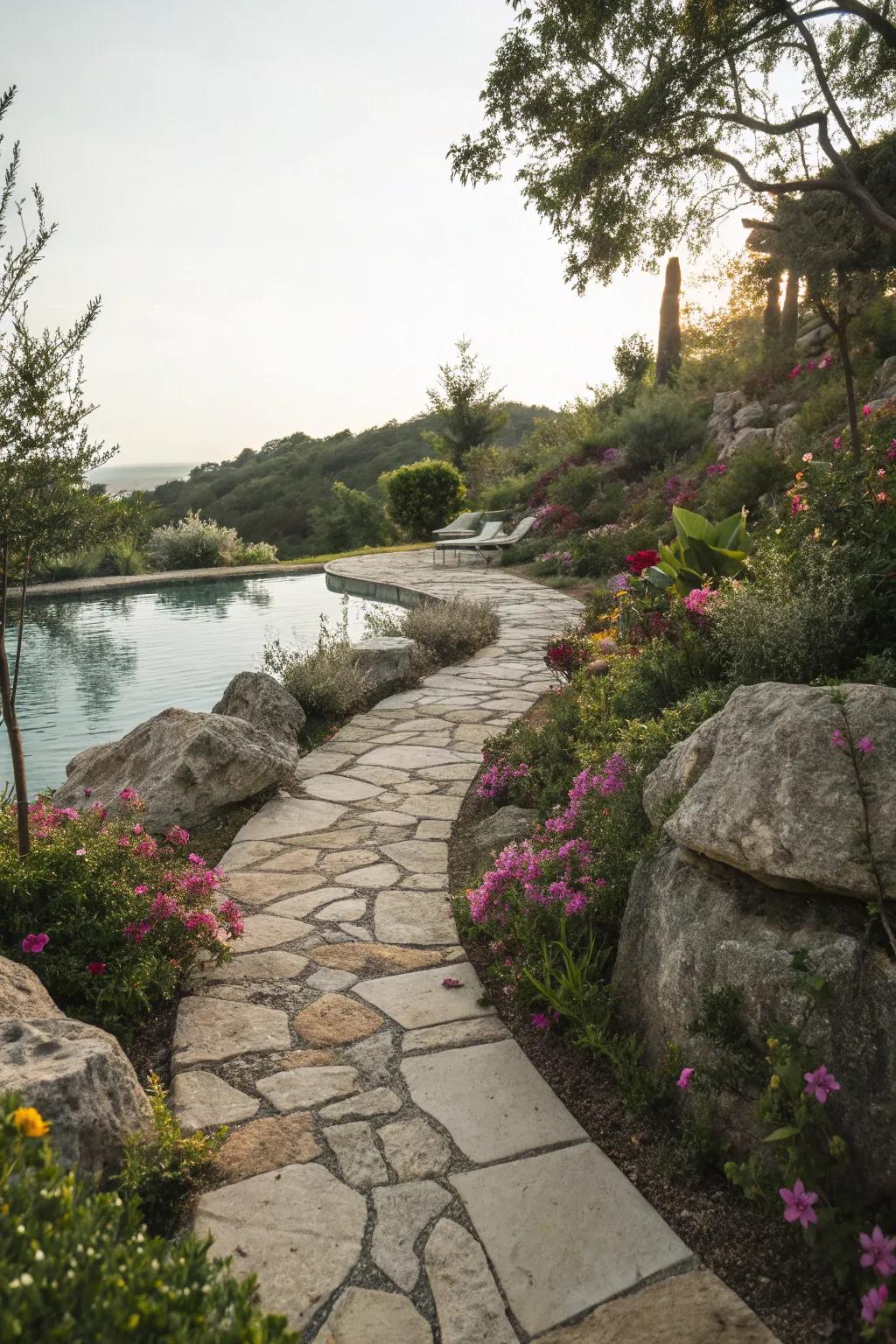 Guide your guests in style with a stone pathway to the pool.