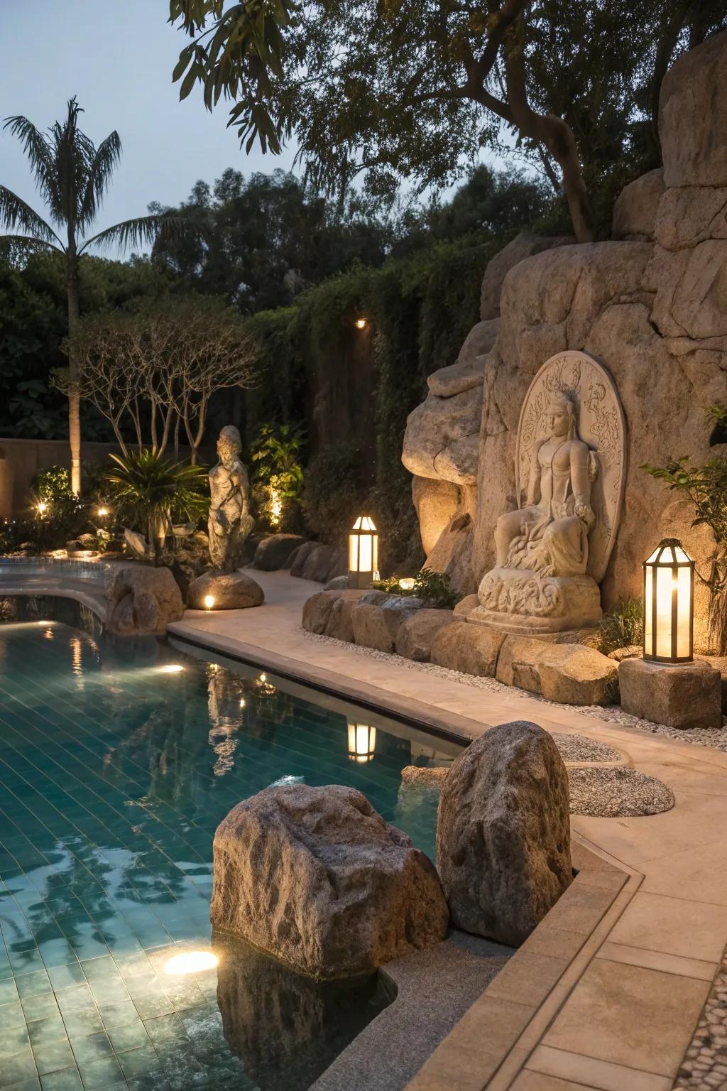 Add an artistic touch with sculpted rock art around your pool.