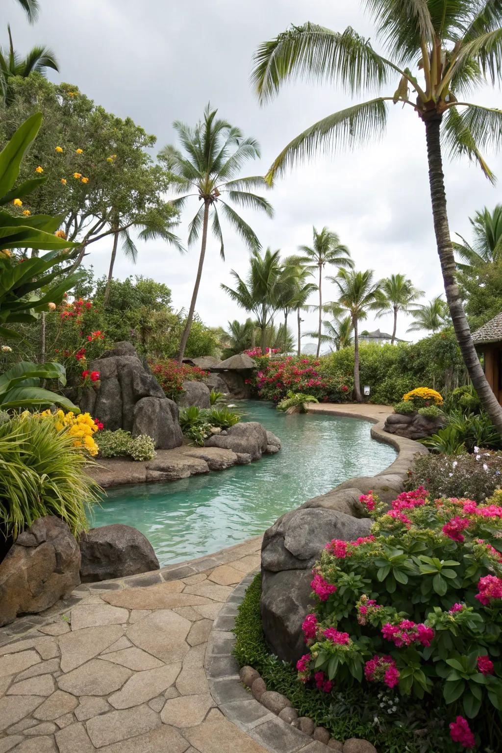 Bring the tropics to your pool with rocks and lush tropical plants.