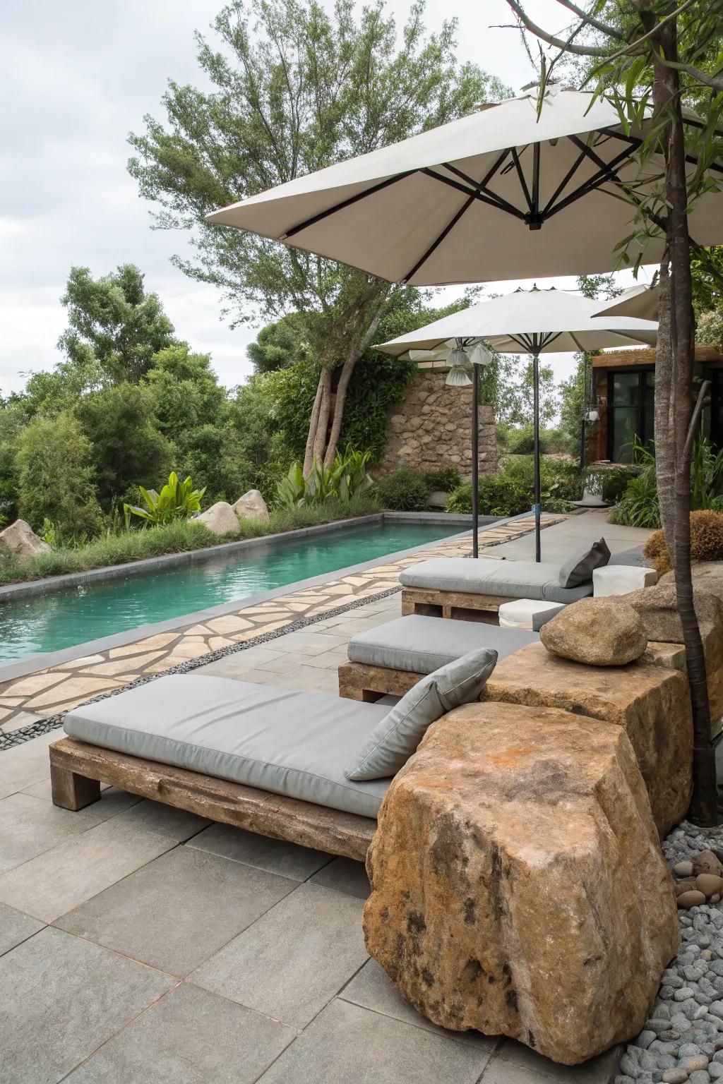 Relax in style with natural rock seating around your pool.