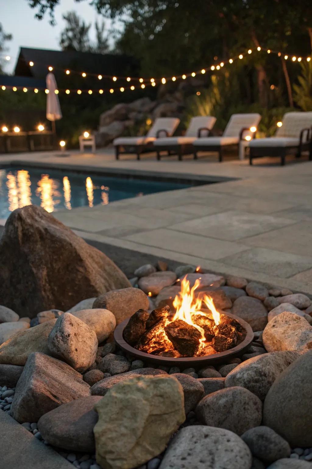 Create a warm gathering spot with a rock-surrounded fire pit.