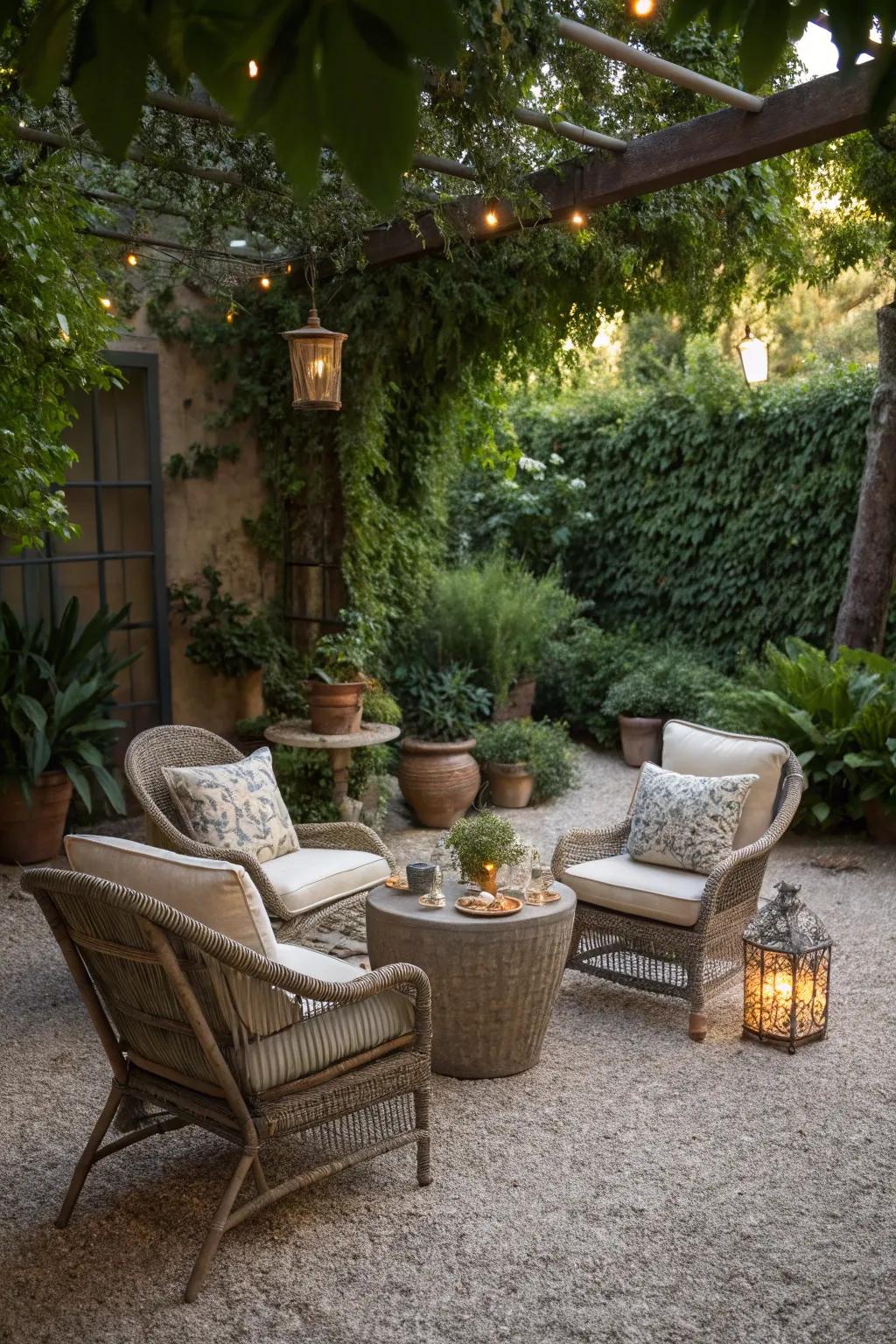 Create a cozy outdoor seating area with gravel.