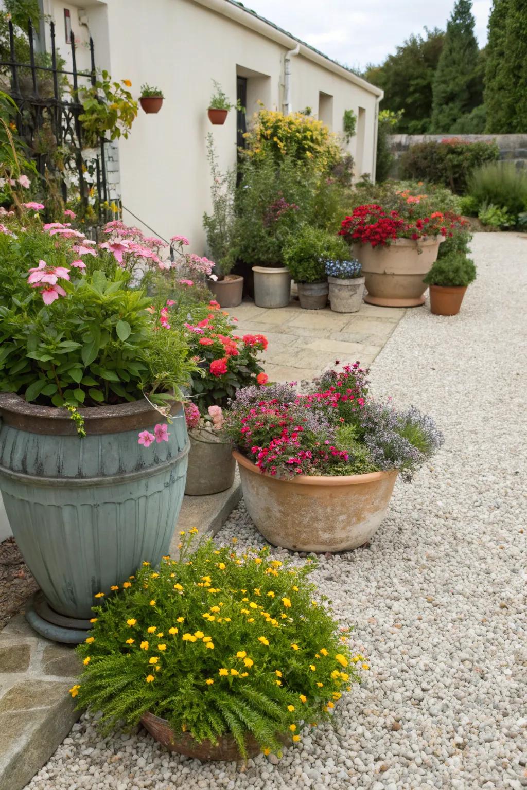 Add versatility with container gardening on gravel.