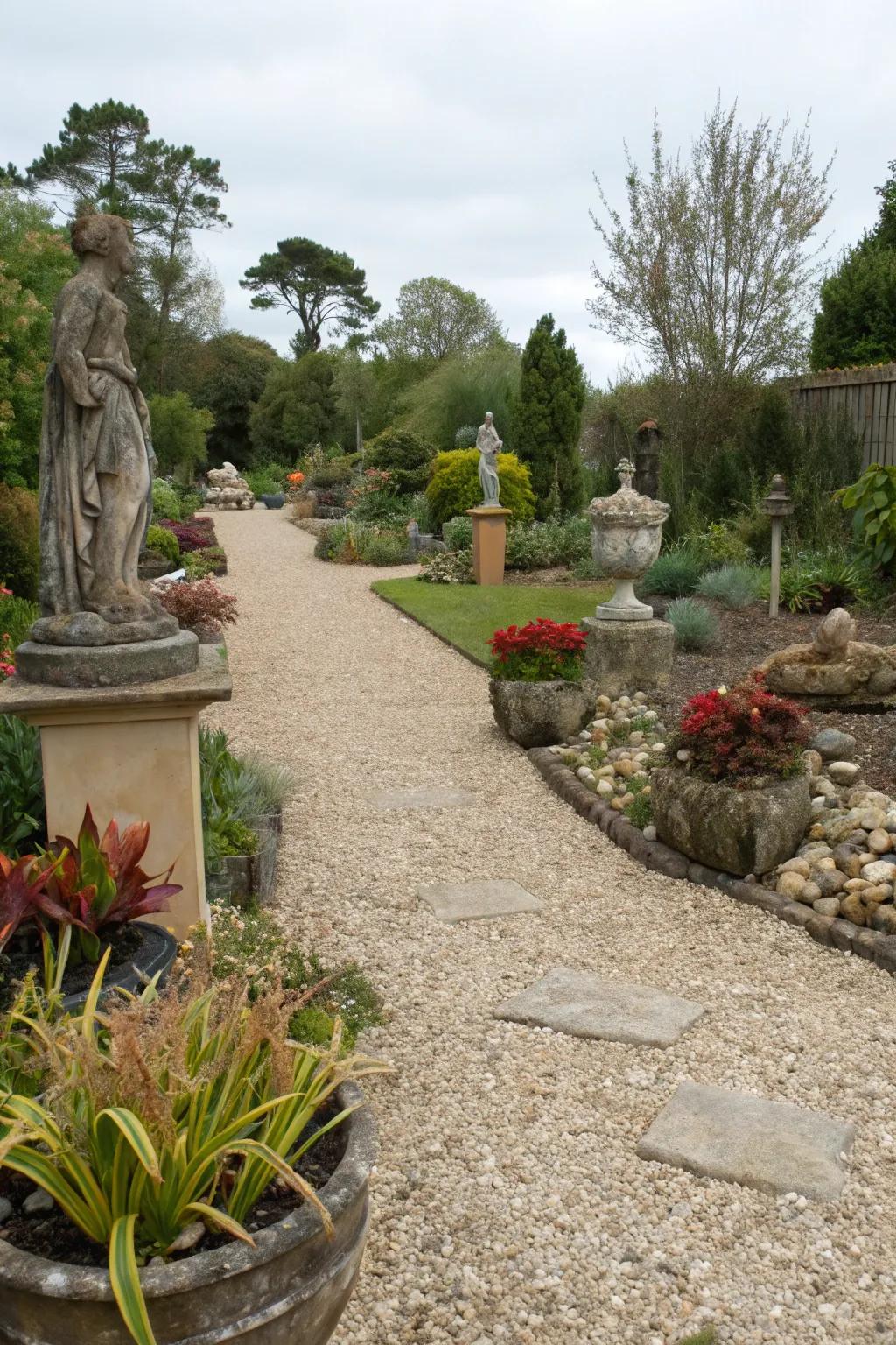 Add interest with sculptures and decorative planters.