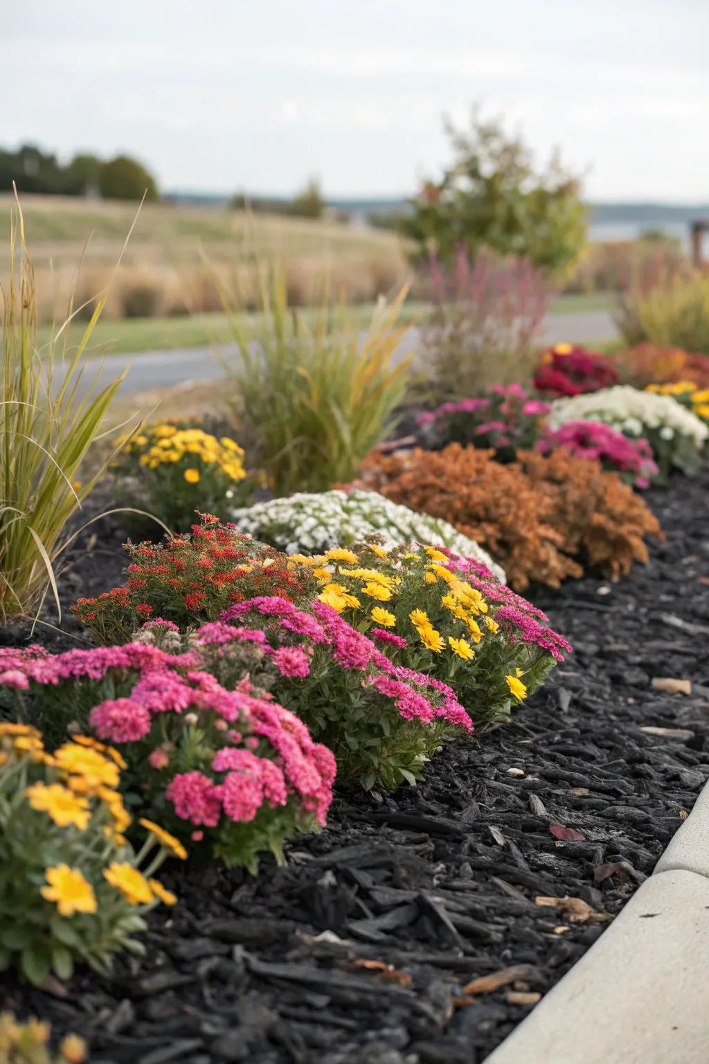 Colorful plants stand out against the deep brown rubber mulch.