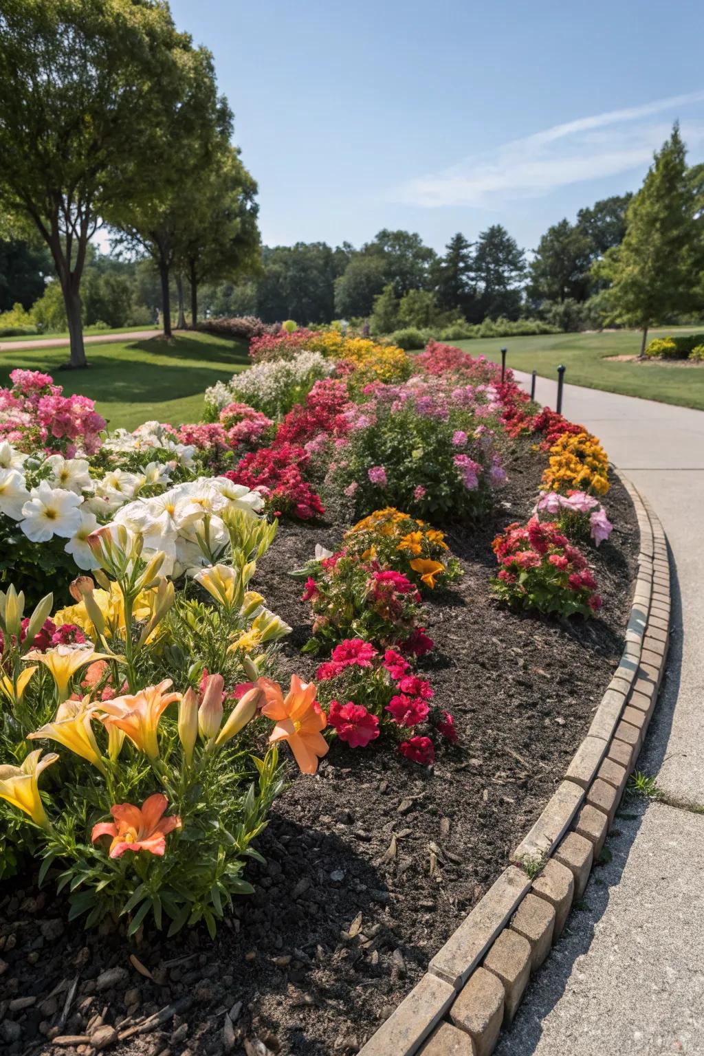 Vibrant flower beds framed by rubber mulch for a clean and neat look.