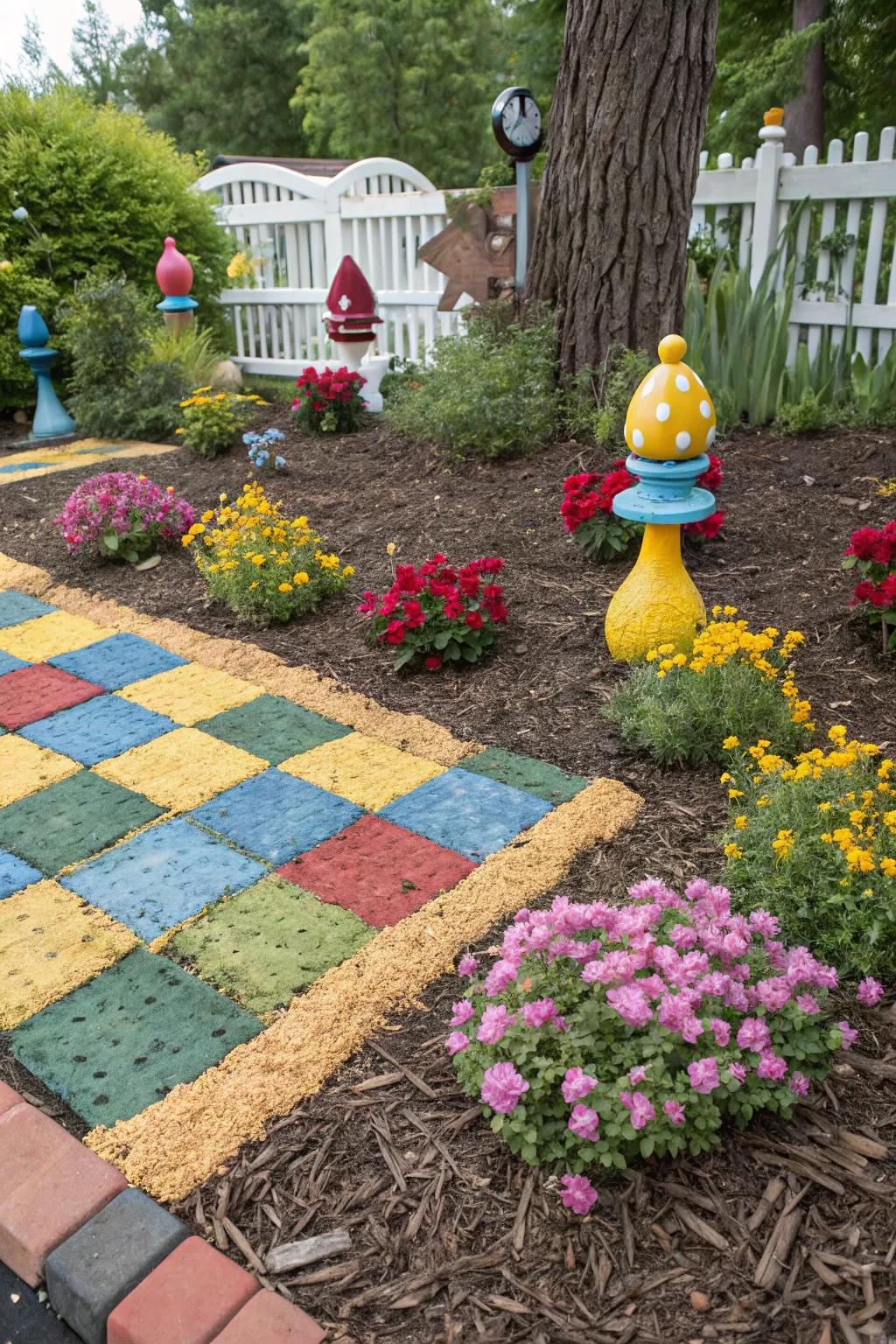 A whimsical garden design featuring a checkerboard pattern with colored rubber mulch.