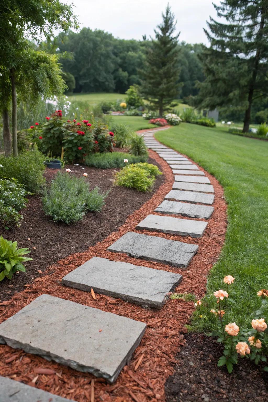 A serene garden path with stepping stones and rubber mulch for a cozy feel.