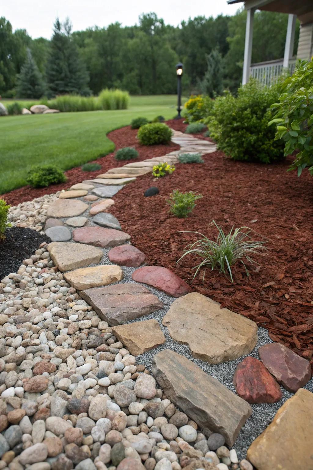 A harmonious blend of stones and rubber mulch for a textured landscape.