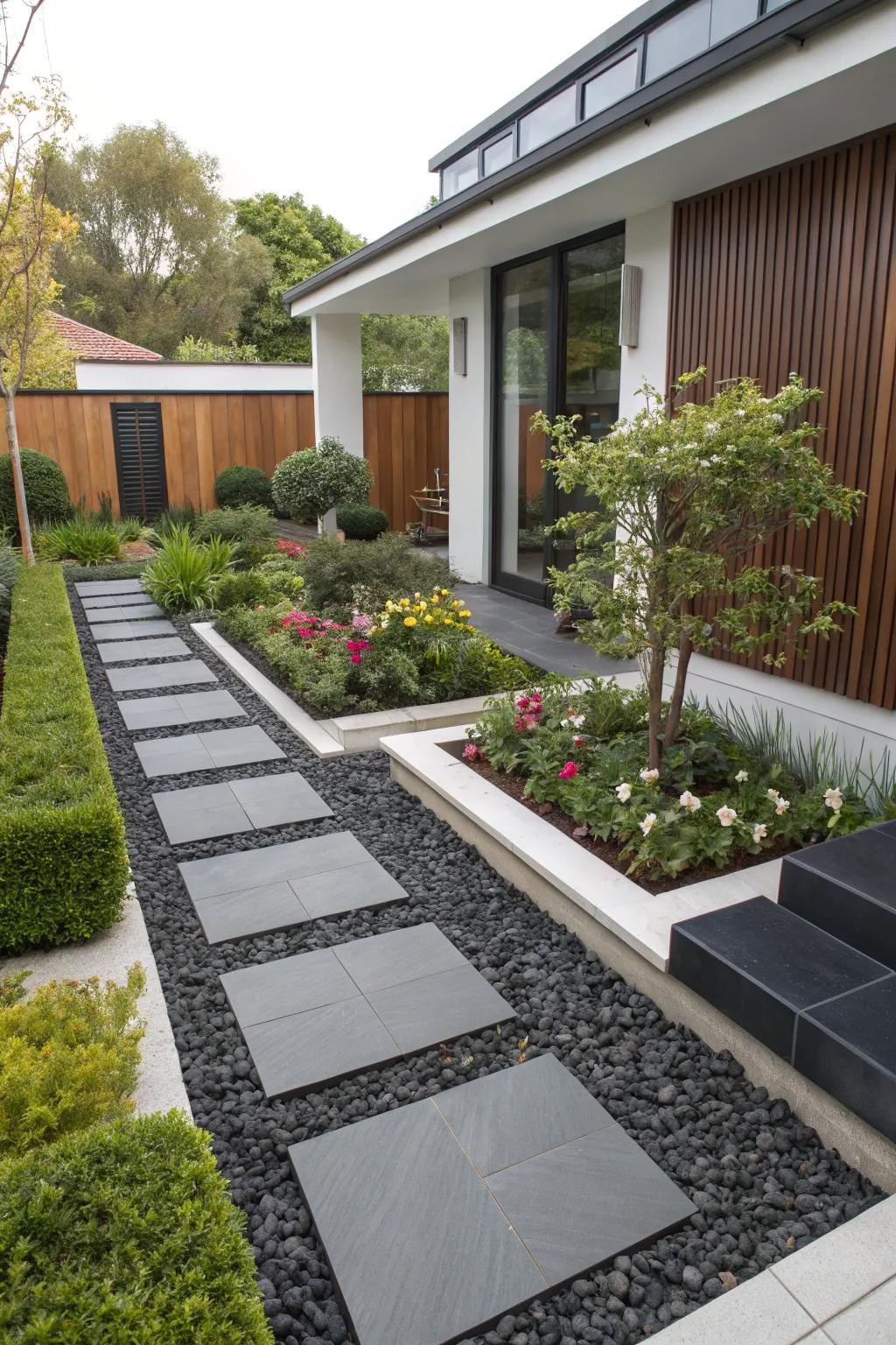A sleek and modern garden design with clean lines and rubber mulch.