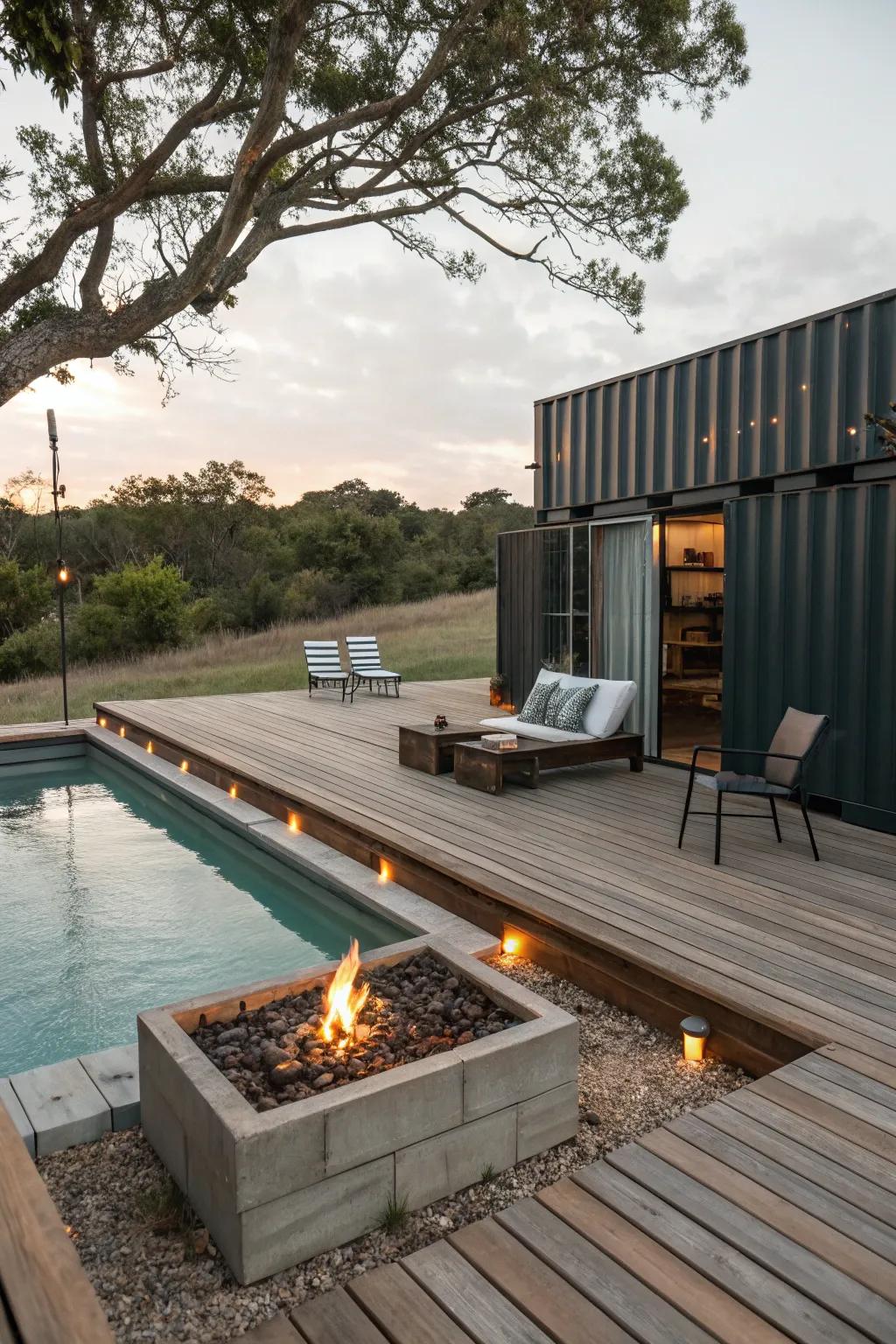 A poolside fire pit offers warmth and ambiance on cool nights.