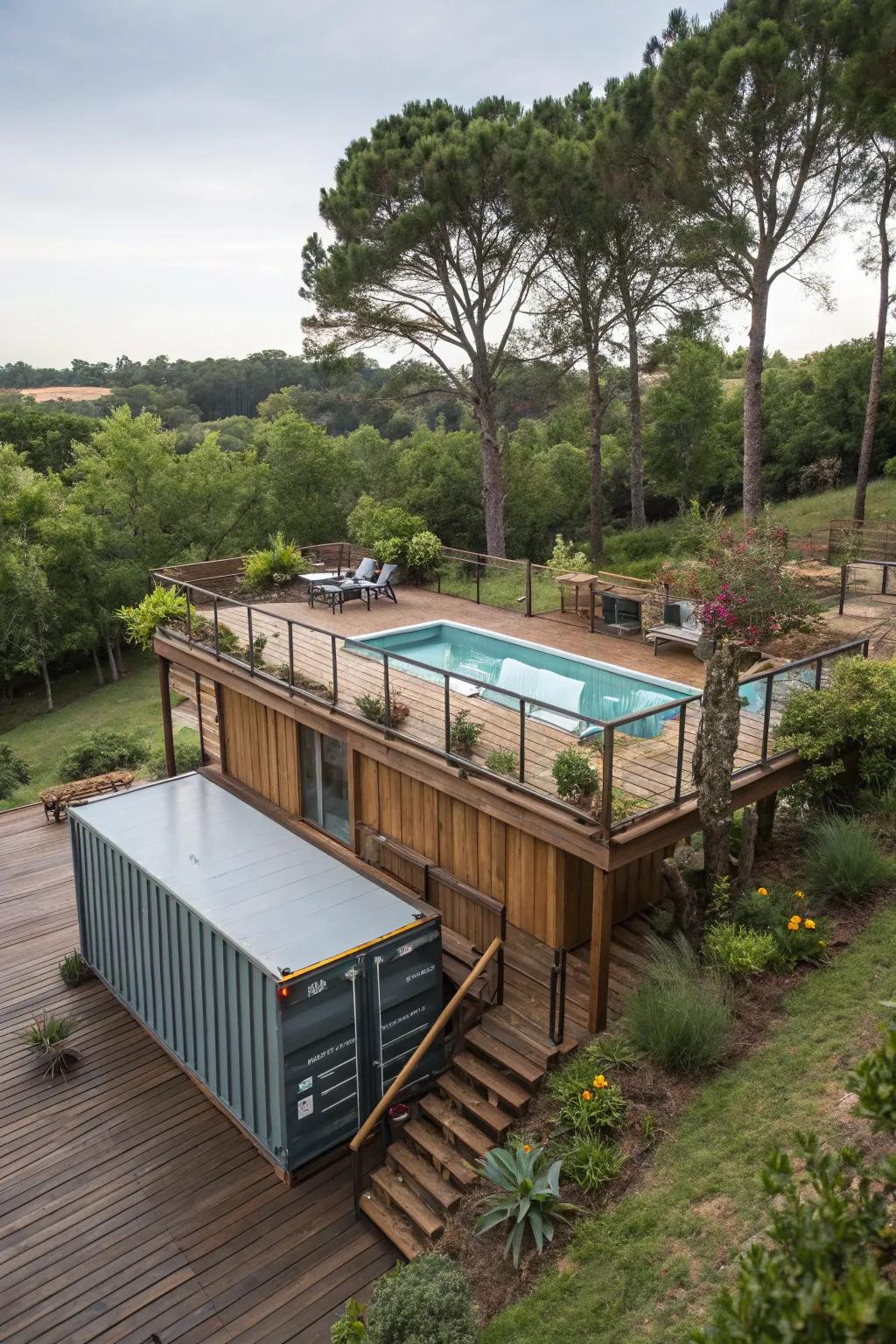 An elevated deck adds depth to this shipping container pool setup.