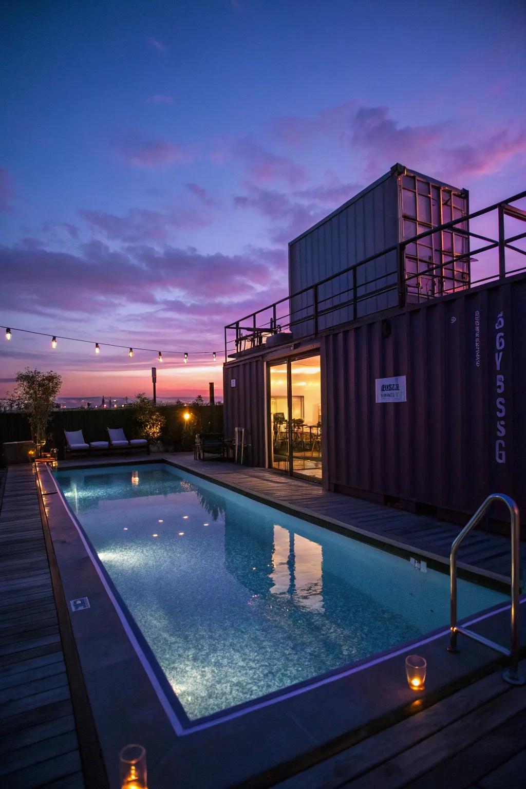 Enchanting lighting creates a magical atmosphere around this pool.