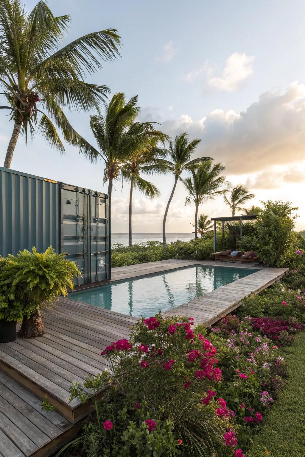 A tropical paradise awaits with this lush pool deck setup.