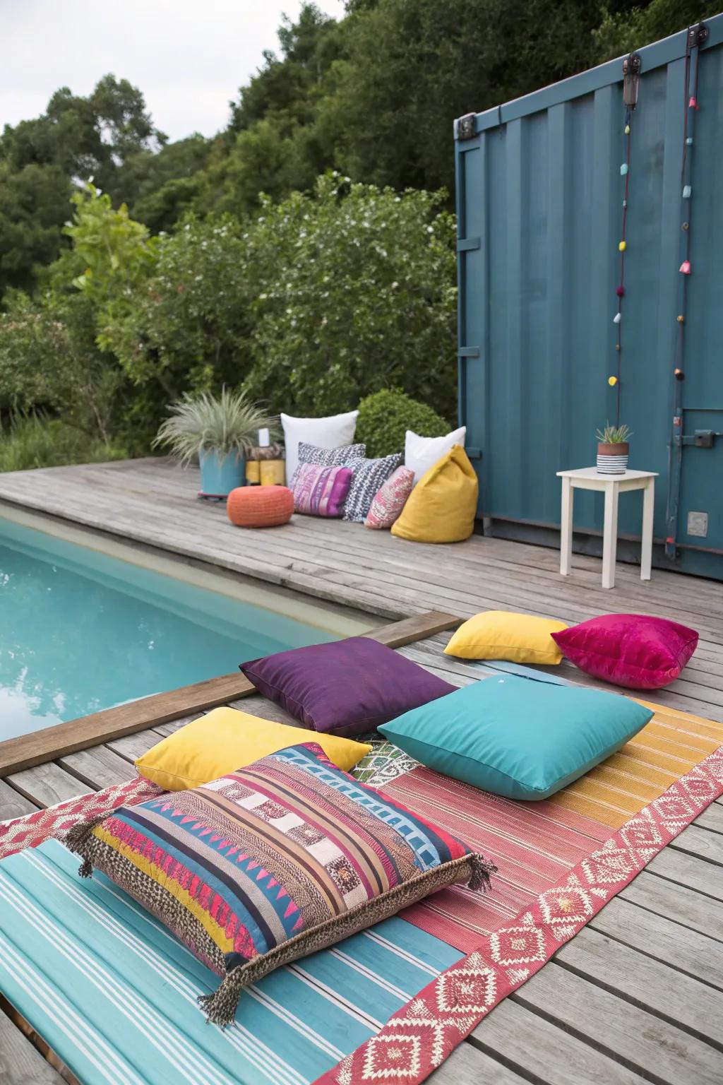 Colorful accents bring life to this poolside deck.