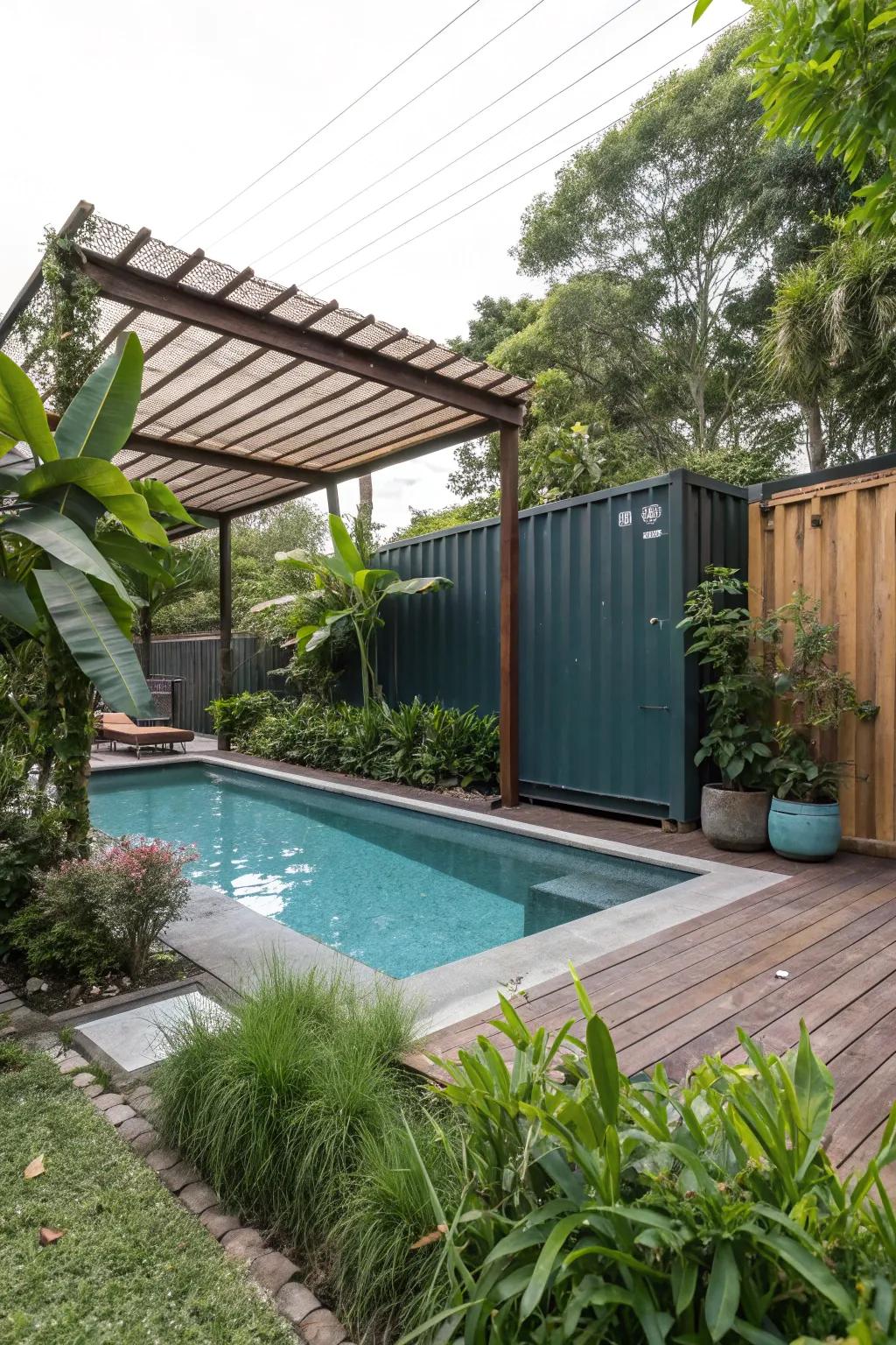 A secluded sanctuary with privacy features around the pool.