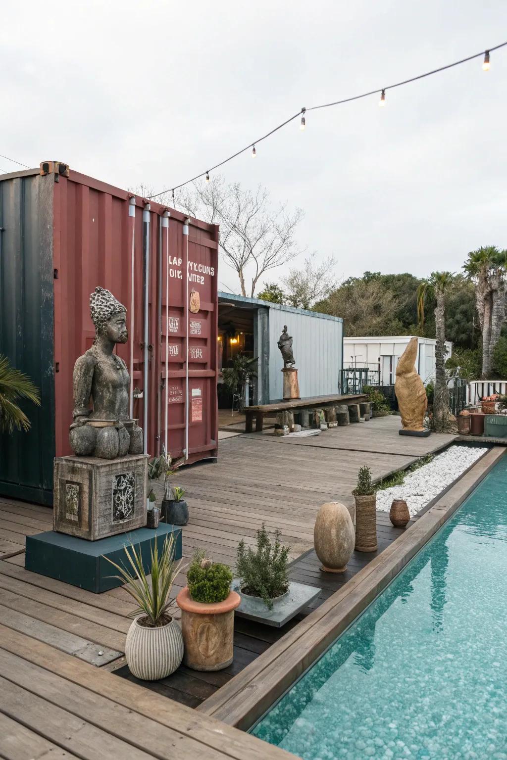 Artistic installations add a unique flair to this pool deck.