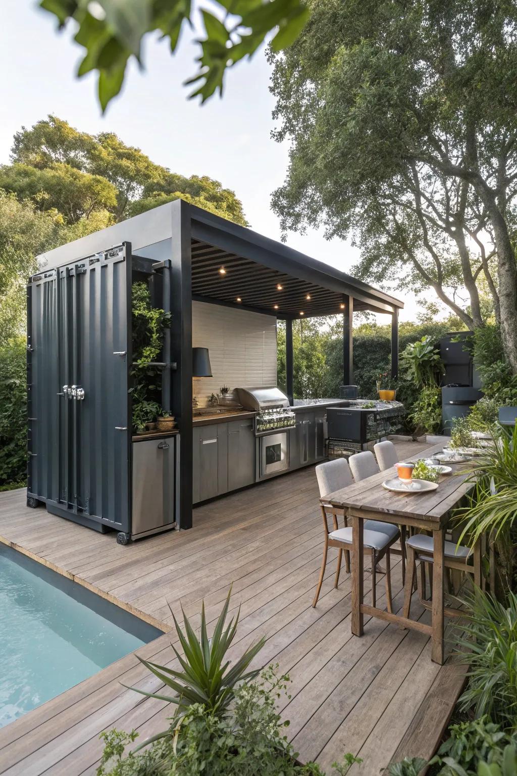 An outdoor kitchen transforms poolside gatherings into culinary events.