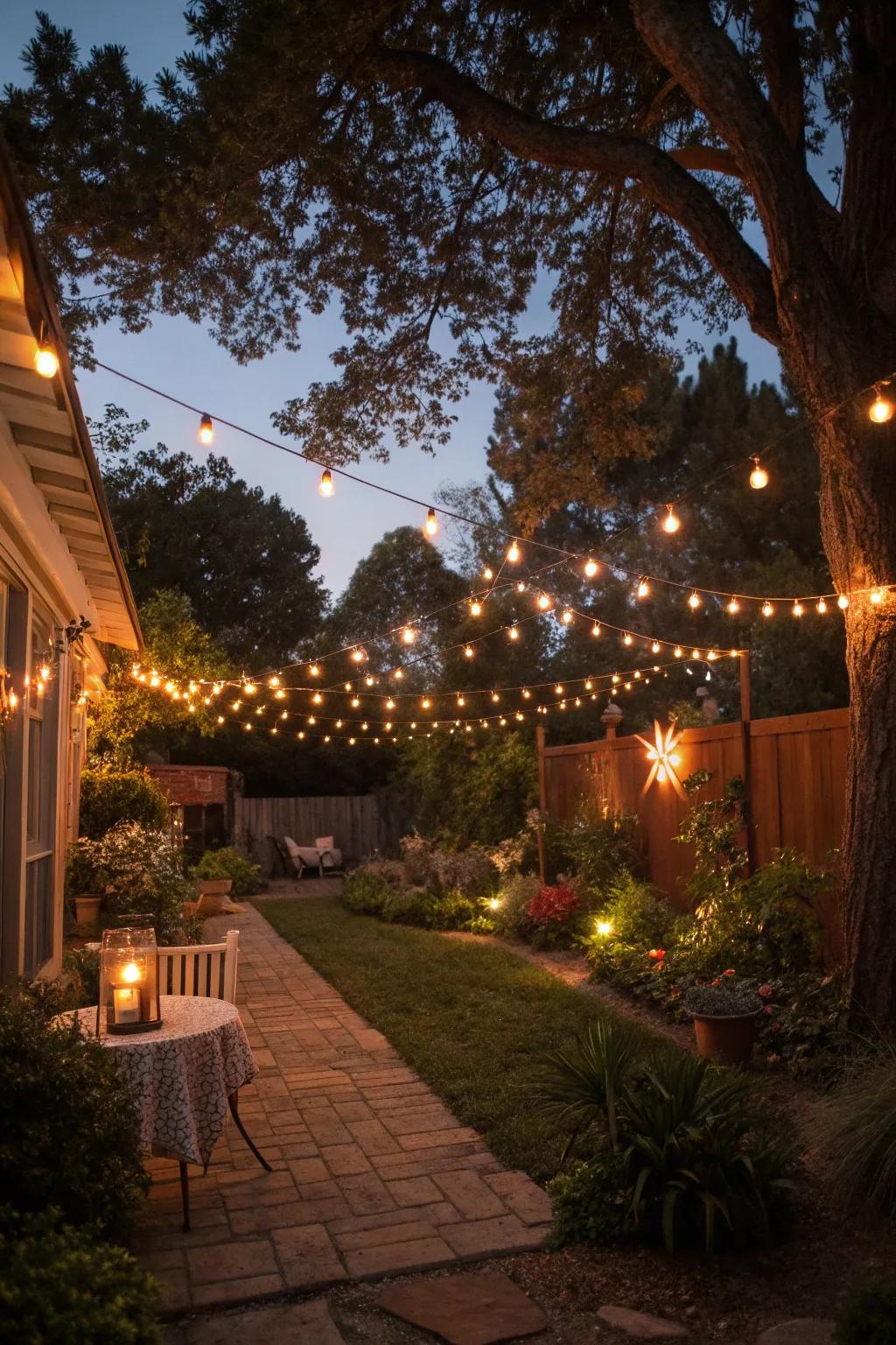 String lights add a magical glow to your party as night falls.